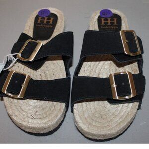 Black Suede Sandals Flats Buckle Straps Shoes 8.5 NWOB Haute Hippee